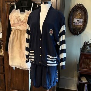 1980’s Sunny Leigh Sz M Navy and White Silk Striped Cardigan Short Set Nautical